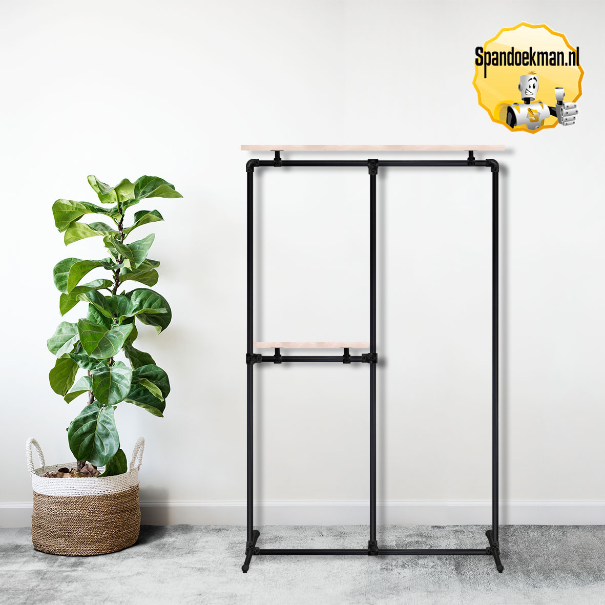 Stalen Kledingrek met 2 Legplanken - Zwart