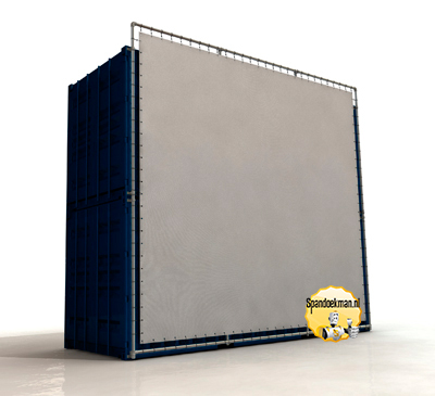 Containerframe lange zijde op 2 gestapelde containers (boven & onder), incl. doek en elastieken.