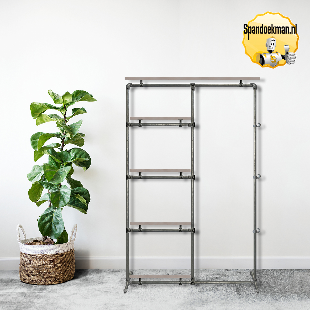 Kledingrek hang hoog en 4x leg 100x160x60cm + 5 planken en haken