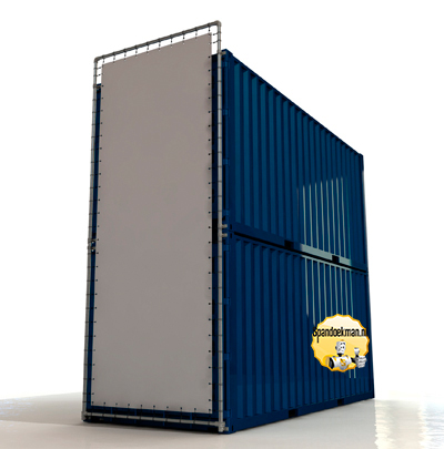 Containerframe korte zijde op 2 gestapelde containers (boven & onder), incl. doek en elastieken.